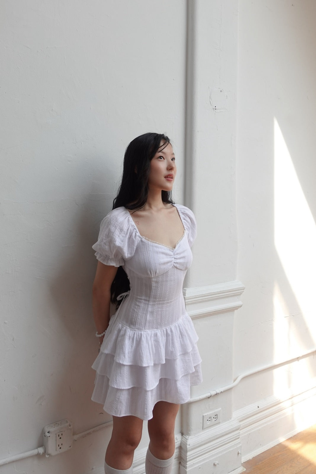 [POPSIZ] Corset Ruffle Layered Dress-White