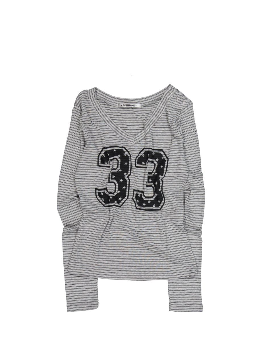 SETUP EXE] 33 STRIPE V-NECK TOP / MELANGE GREY – SellerWork