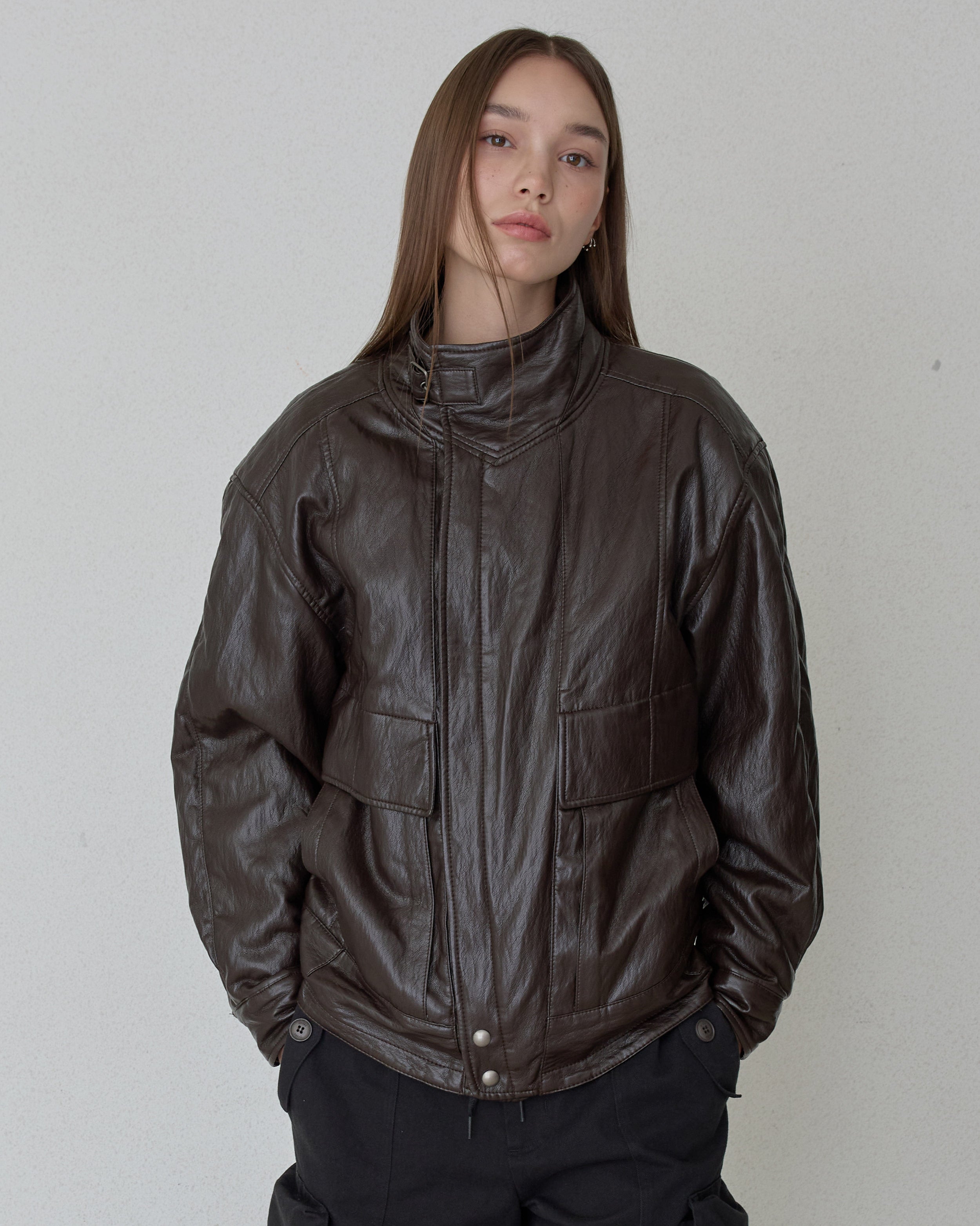 ORDES] VINTAGE HIGH-NECK LEATHER JACKET - BROWN – SellerWork