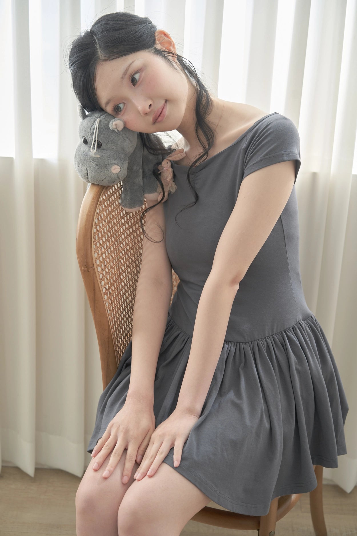 KANA J] Open shoulder gathering mini dress