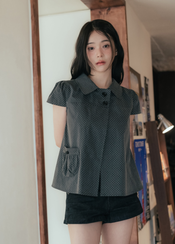 [HIGH SCHOOL DISCO] Dot Button Puff Sleeve Blouse_Charcoal