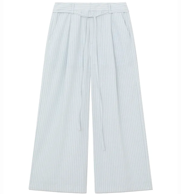GLOWNY G belted linen wide pants blue