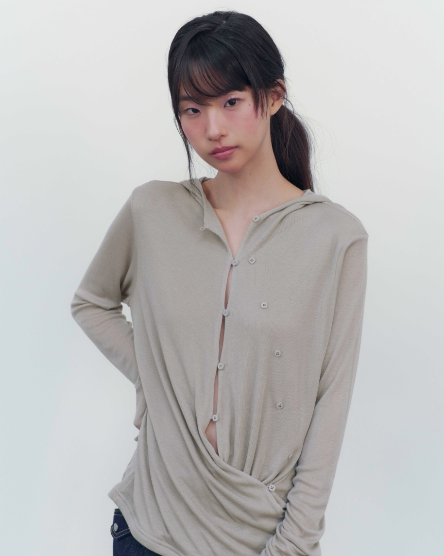 ONSKA Drape button hooded long sleeve t sand