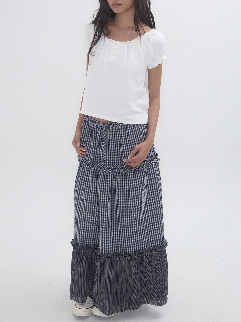 expired-girl-ss-25-frill-check-maxi-skirt-navy