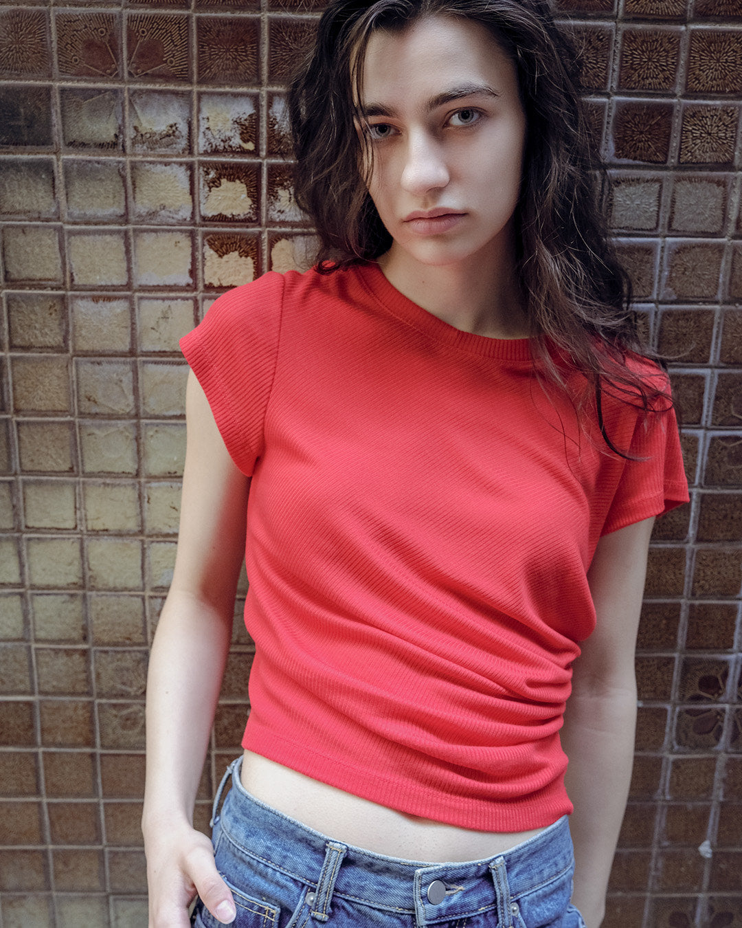 merens-ss-25-shirred-ribbed-t-shirt-red-s