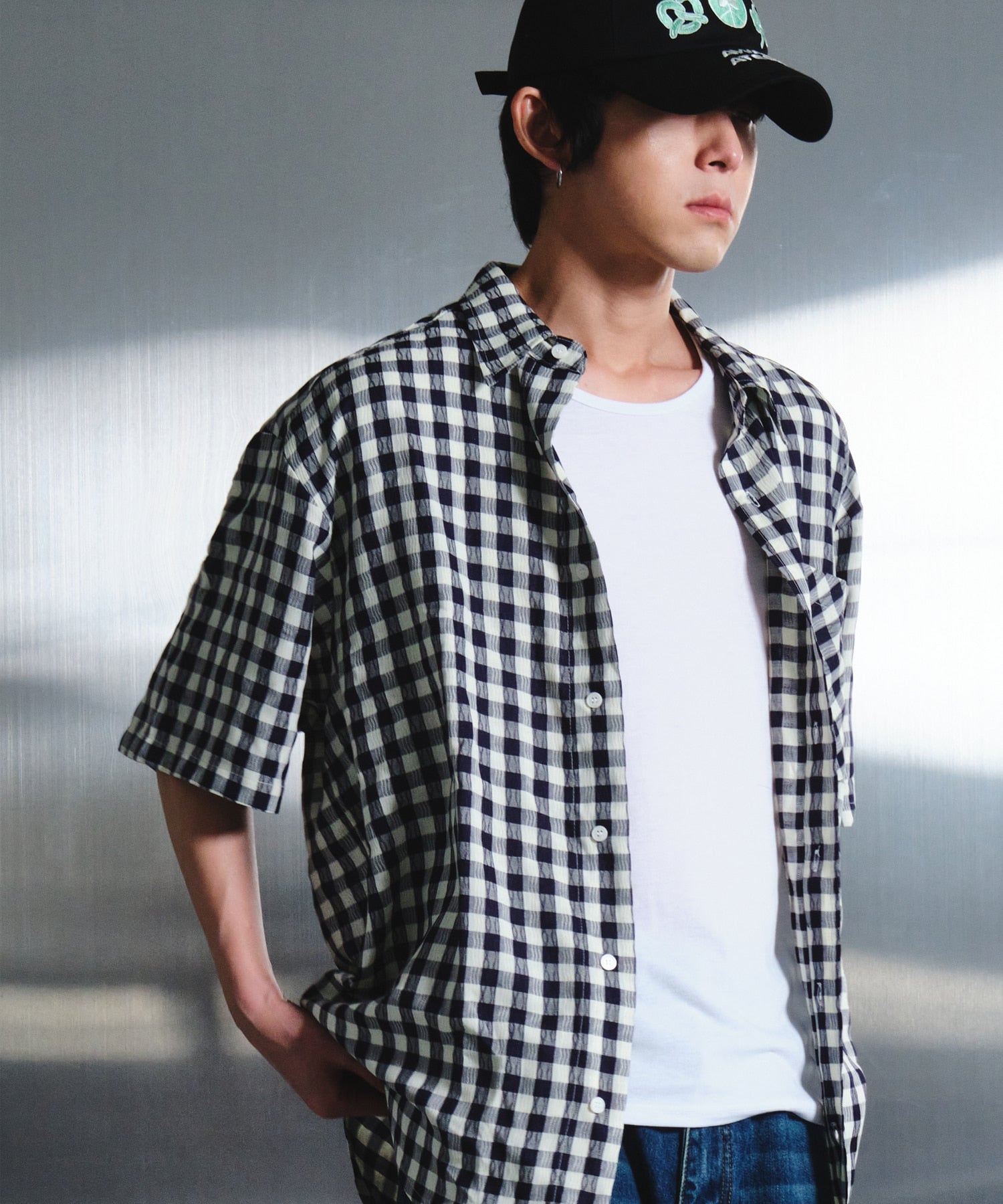 dwscompany-ss-25-wave-check-half-shirt-(navy)