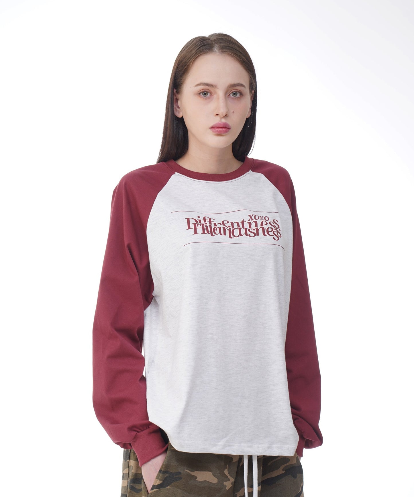 dxoh-fw-24-unisex-stack-logo-raglan-tshirt-wine/white-melange