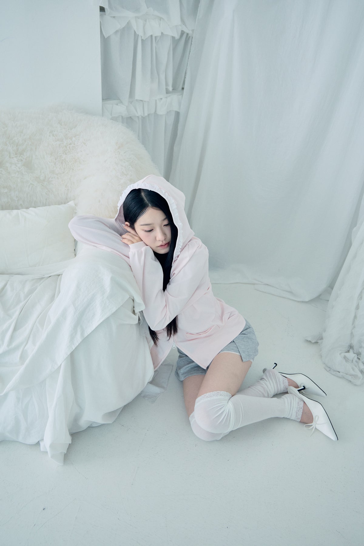 DAYNEE Melody shirring hoodie Baby pink