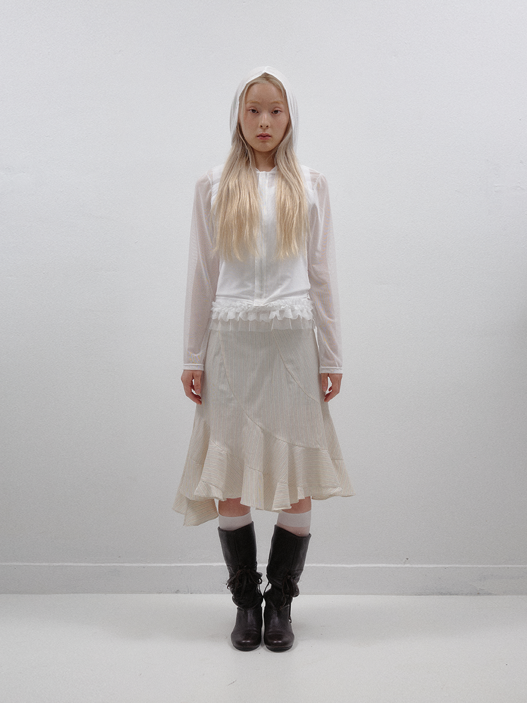 [PORICO] STRIPE MID SKIRT - BANILLA