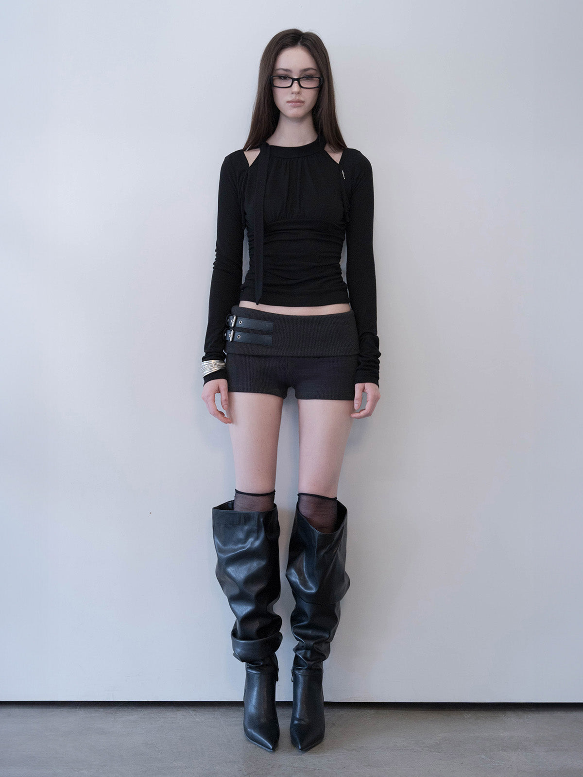 damio-ss-26-layered-scarf-shirring-top-black-black-s