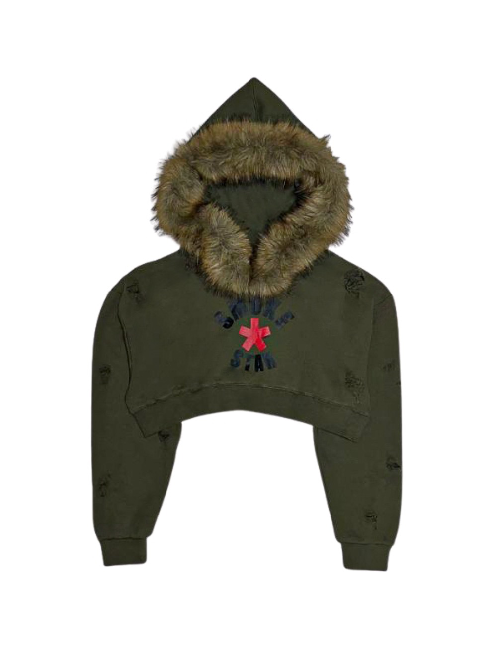 [SMOKEASTAR] Destroyed Fur Half Crimson Hoodie (KHAKI)
