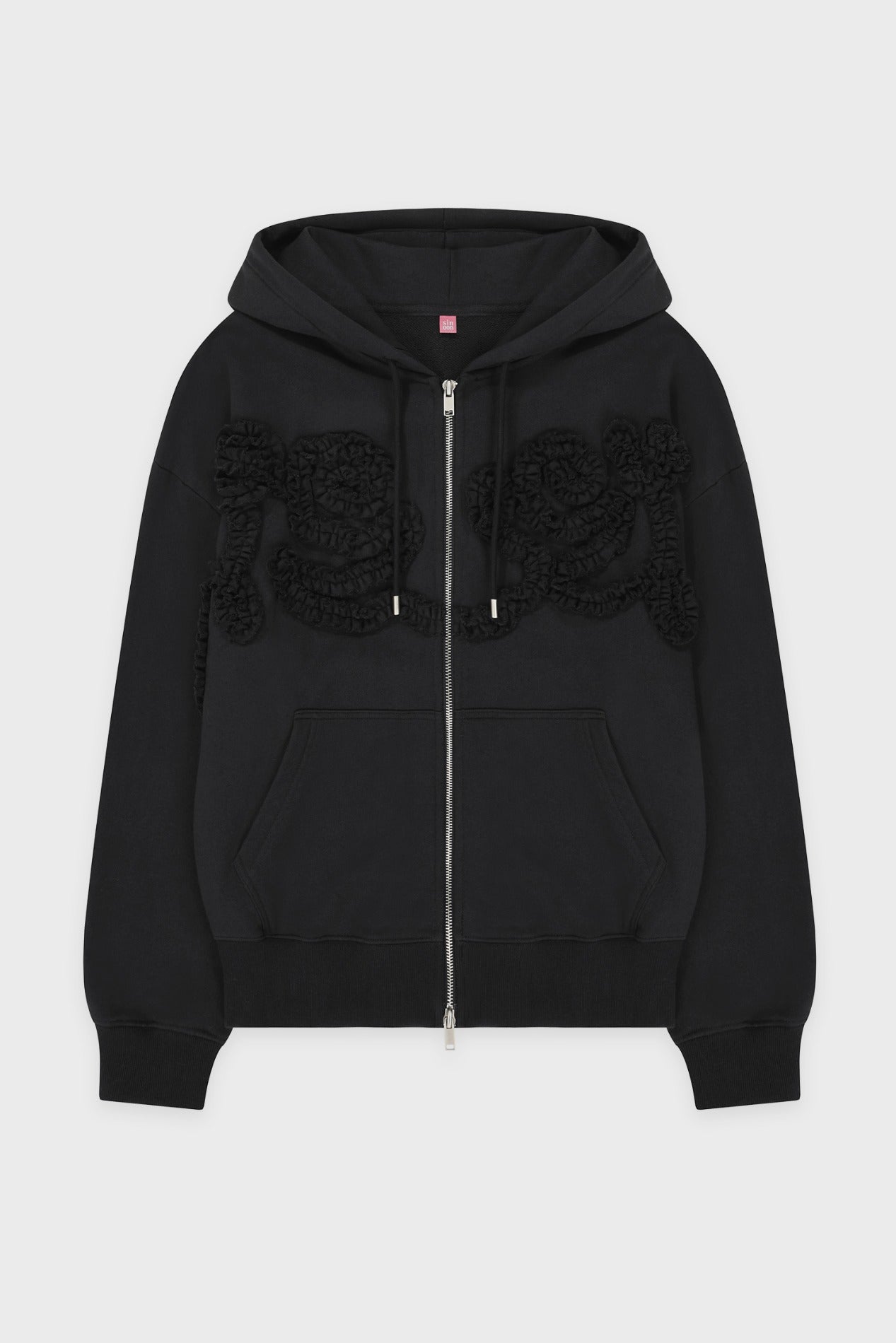 sinoon-fw-25-rose-frill-oversized-fit-hooded-zip-up-black-oatmeal-s