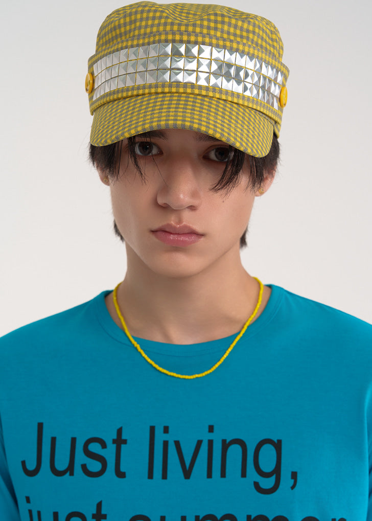 esc-studio-ss-26-studded-plaid-patch-military-cap-yellow-yellow-s