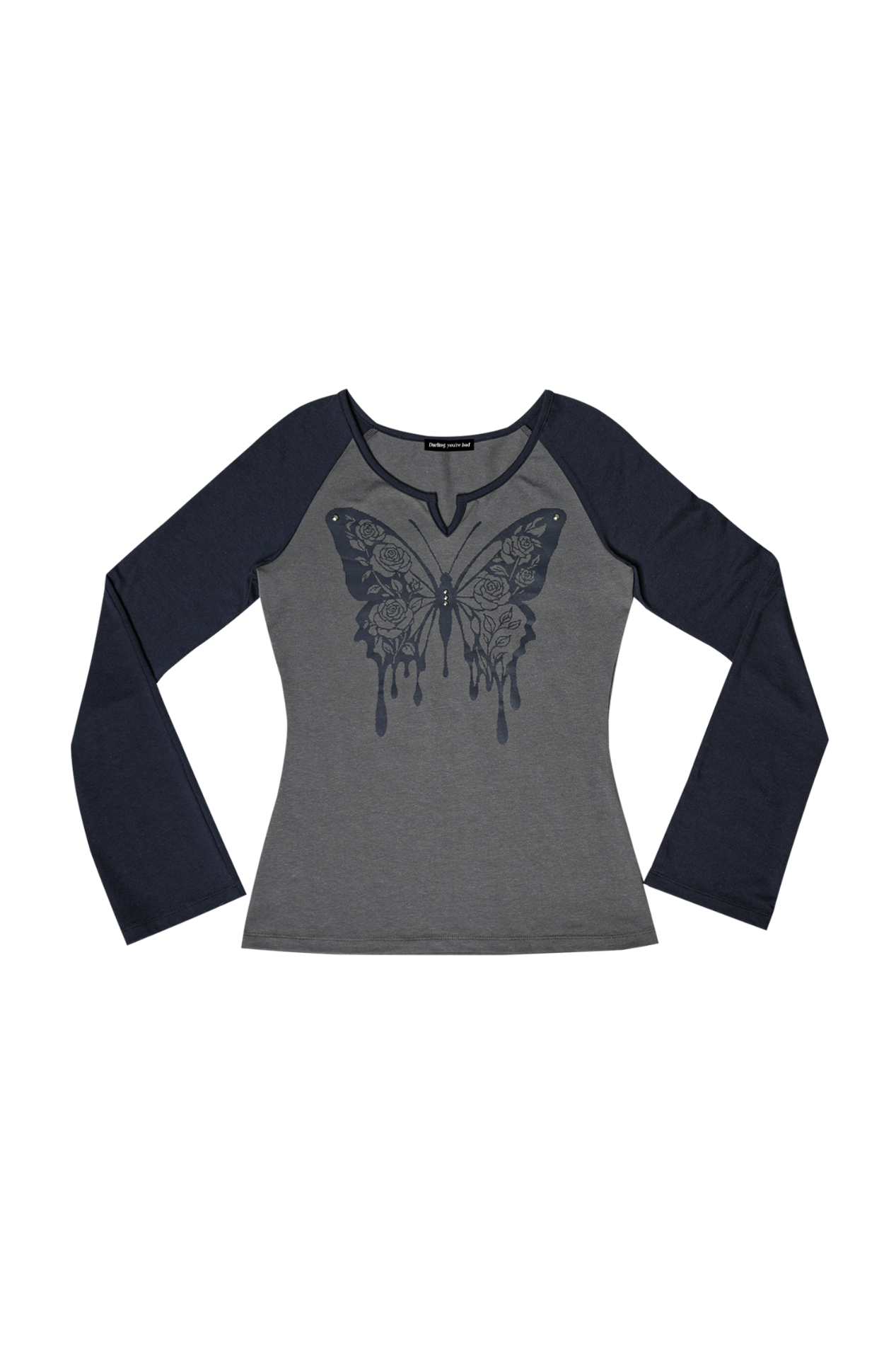 darling-you-are-bad-fw-25-rose-butterfly-raglan-t-shirt-navy-gray-navy-gray-s