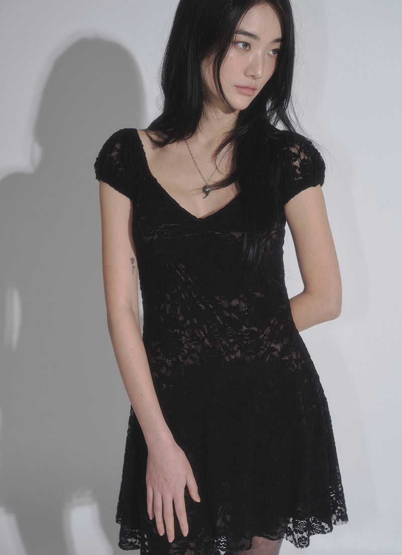 chinese dress ladies HAZELLE V NECK PUFF SLEEVE FLORAL LACE DRESS