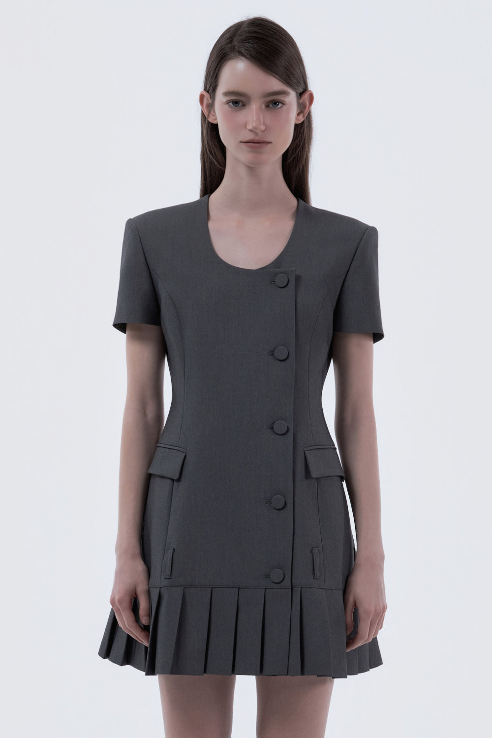 mausoleum-ss-26-jenn-round-neck-pleated-half-sleeve-suit-jacket-dress-grey-gray-s