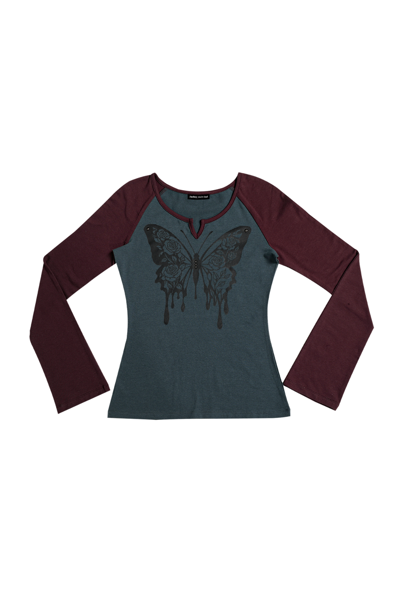 darling-you-are-bad-fw-25-rose-butterfly-raglan-t-shirt-wine-blue-wine-blue-s
