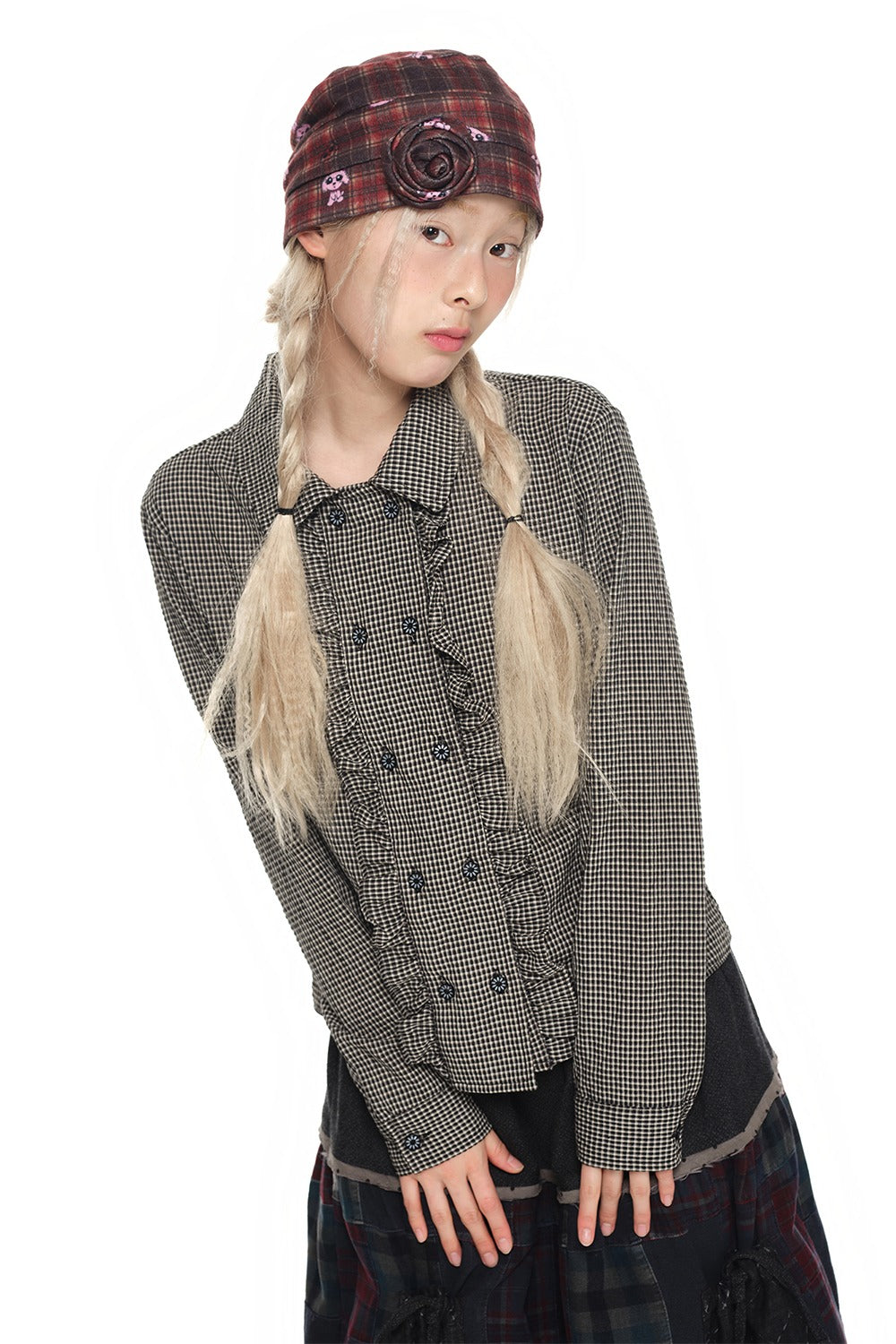 youthbath-ss-26-double-button-frill-check-shirt-black-black-s