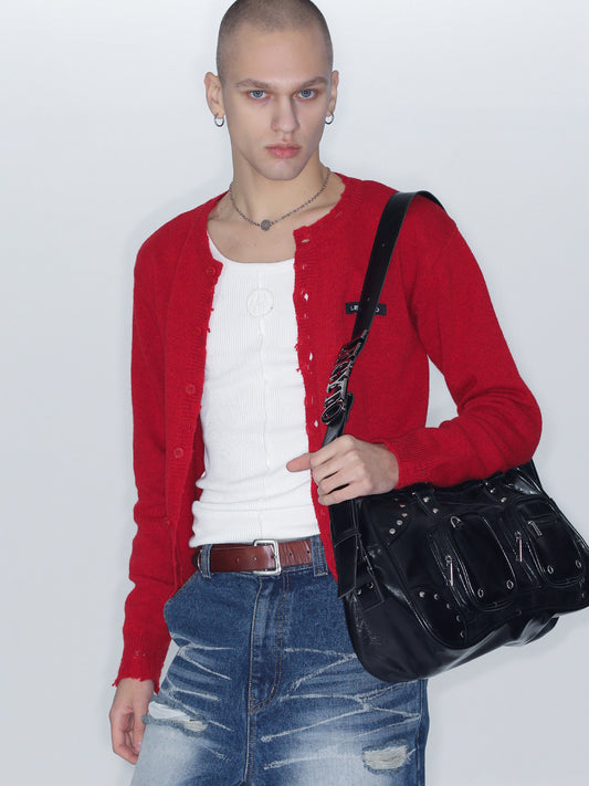 [LECYTO] SS 24 Destroyed Round Wool Knit Cardigan_(Red)