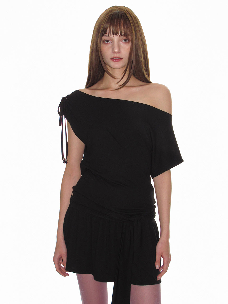 [CRANK] STRING OFF-SHOULDER JERSEY DRESS_BLACK