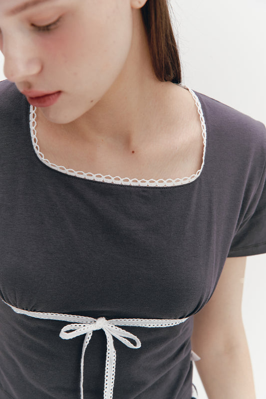 [MOILLY] SS 24 Lace Ribbon Shirring Top Charcoal