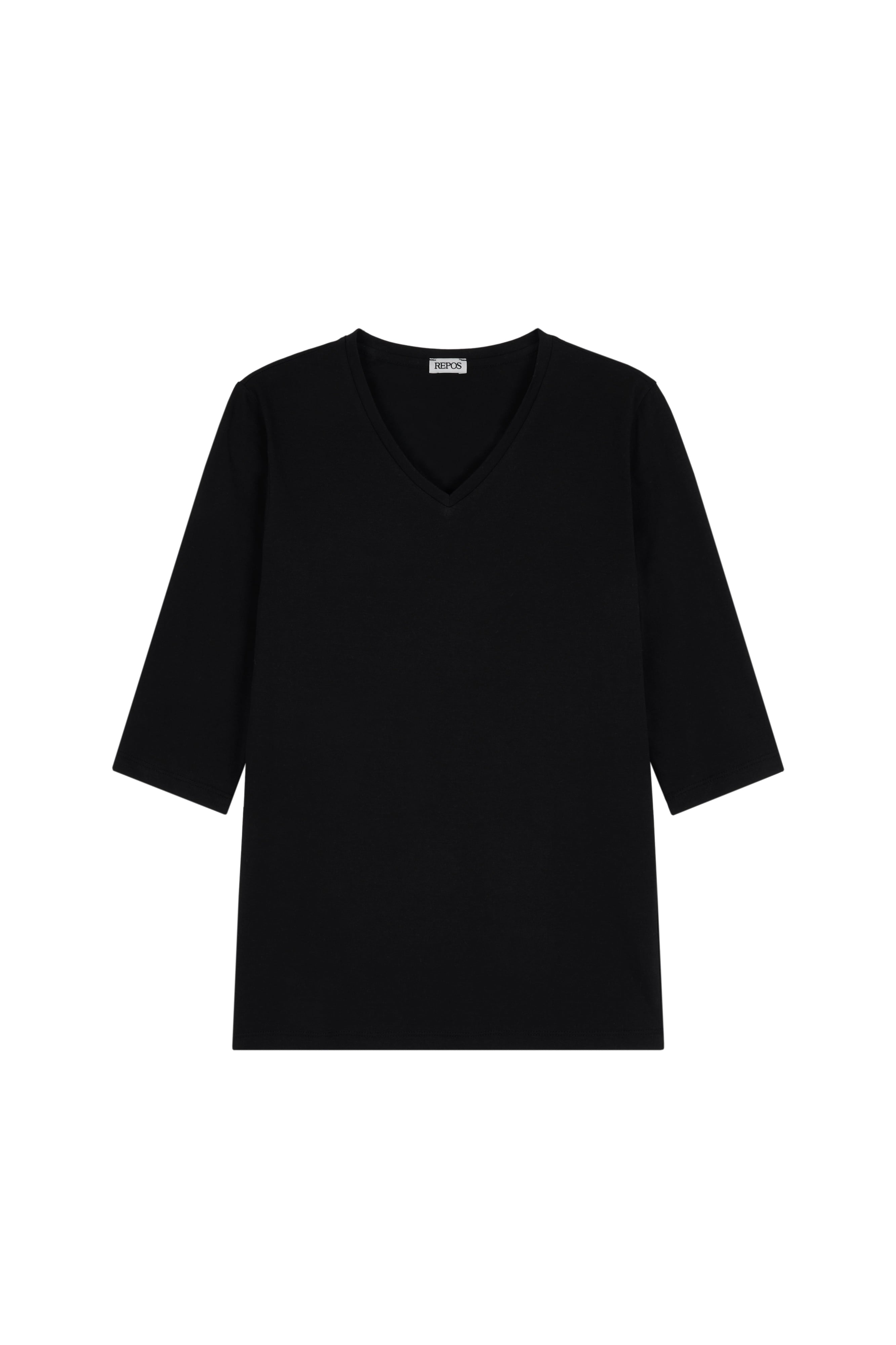 repos-ss-26-three-quarter-sleeve-v-neck-t-shirt-black-black-s