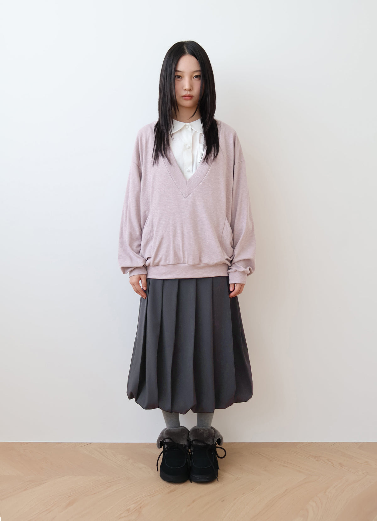 CHEMEHC Bow v neck long sleeve pink