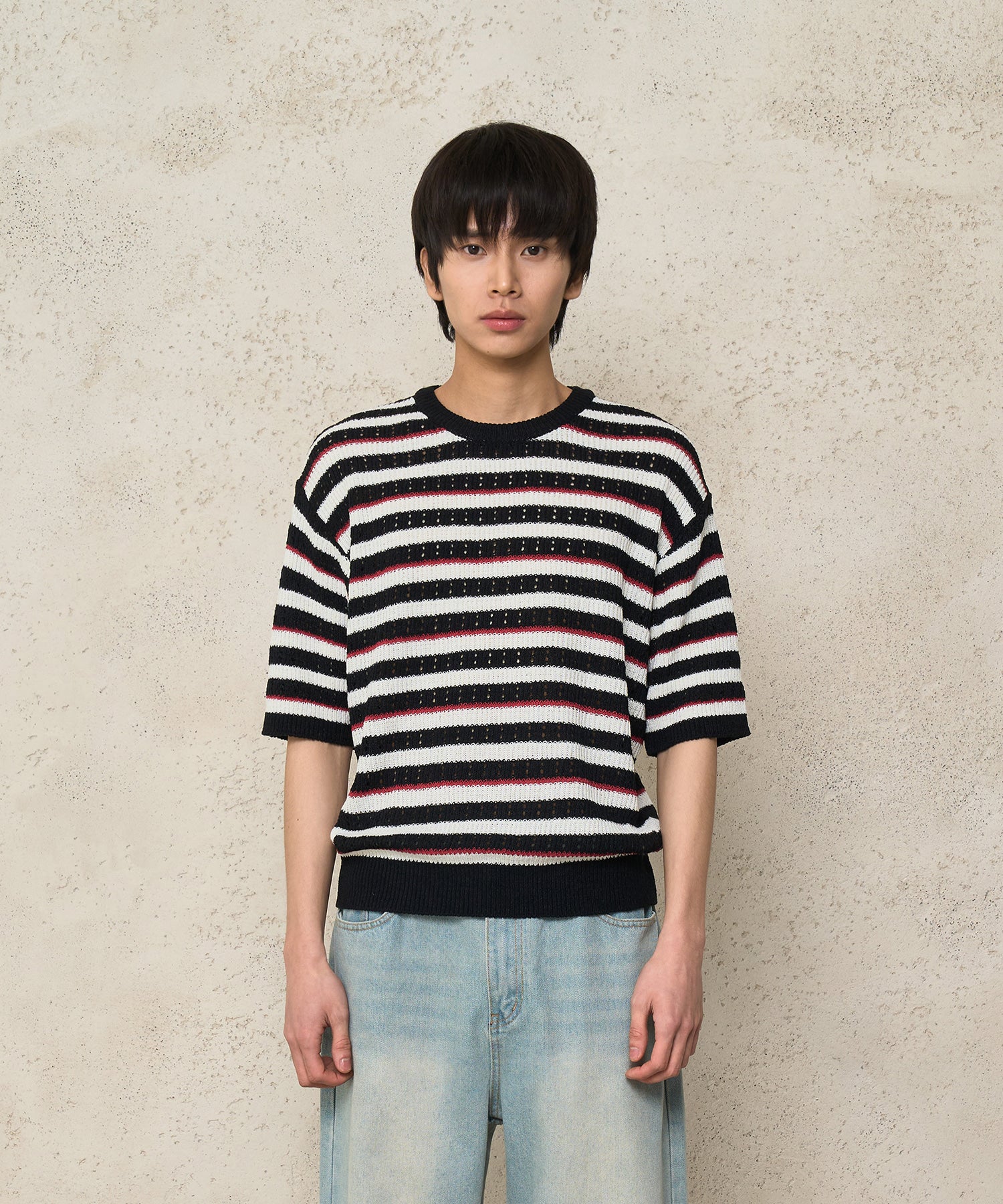 noise-ss-25-stripe-round-short-sleeve-punching-knit-black-black-s