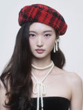 [LOLLA] Tartan Fuzz Beret (Red)