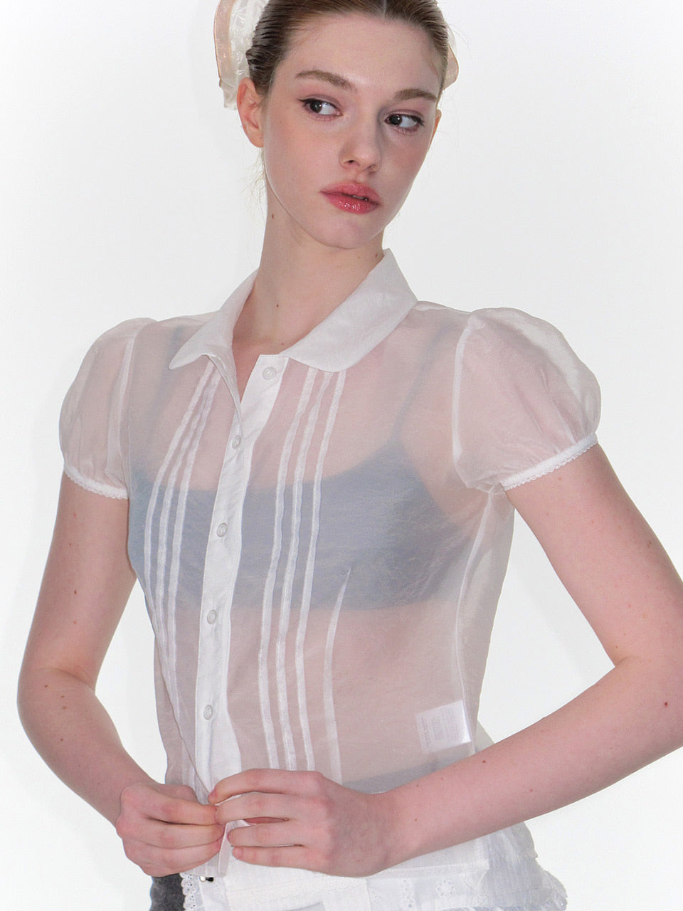 [CRANK] SHEER PINTUCK BLOUSE_WHITE