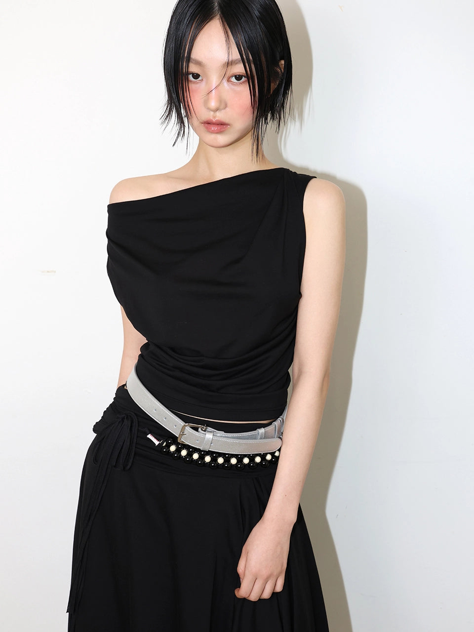 MEENDERI Jersey shirring logo sleeveless black