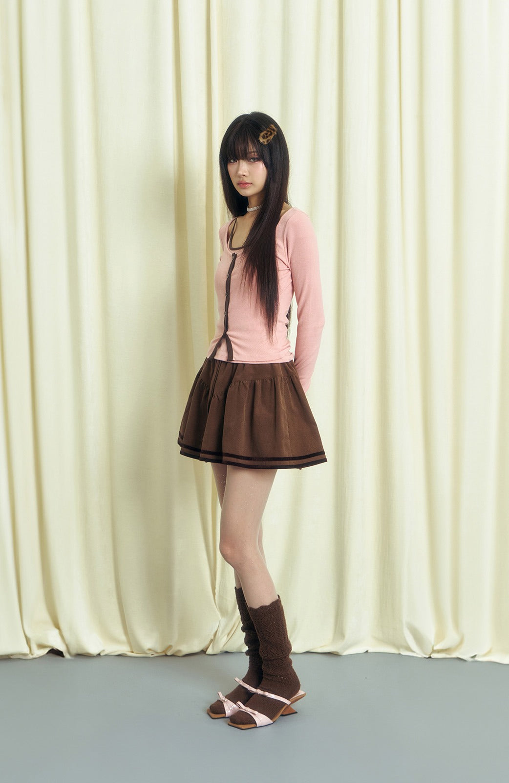 popsiz-ss-26-velvet-layer-taped-babydoll-skirt-brown-brown-s