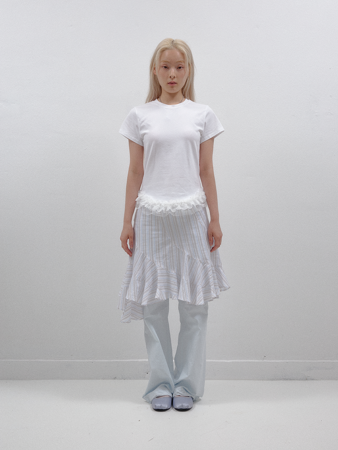 [PORICO] STRIPE MID SKIRT - BABY BLUE