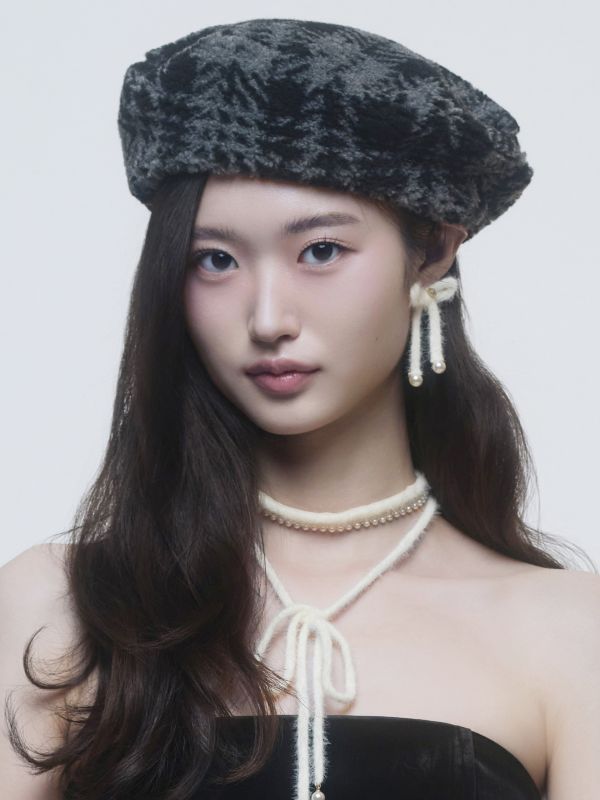 [LOLLA] Tartan Fuzz Beret (Gray)