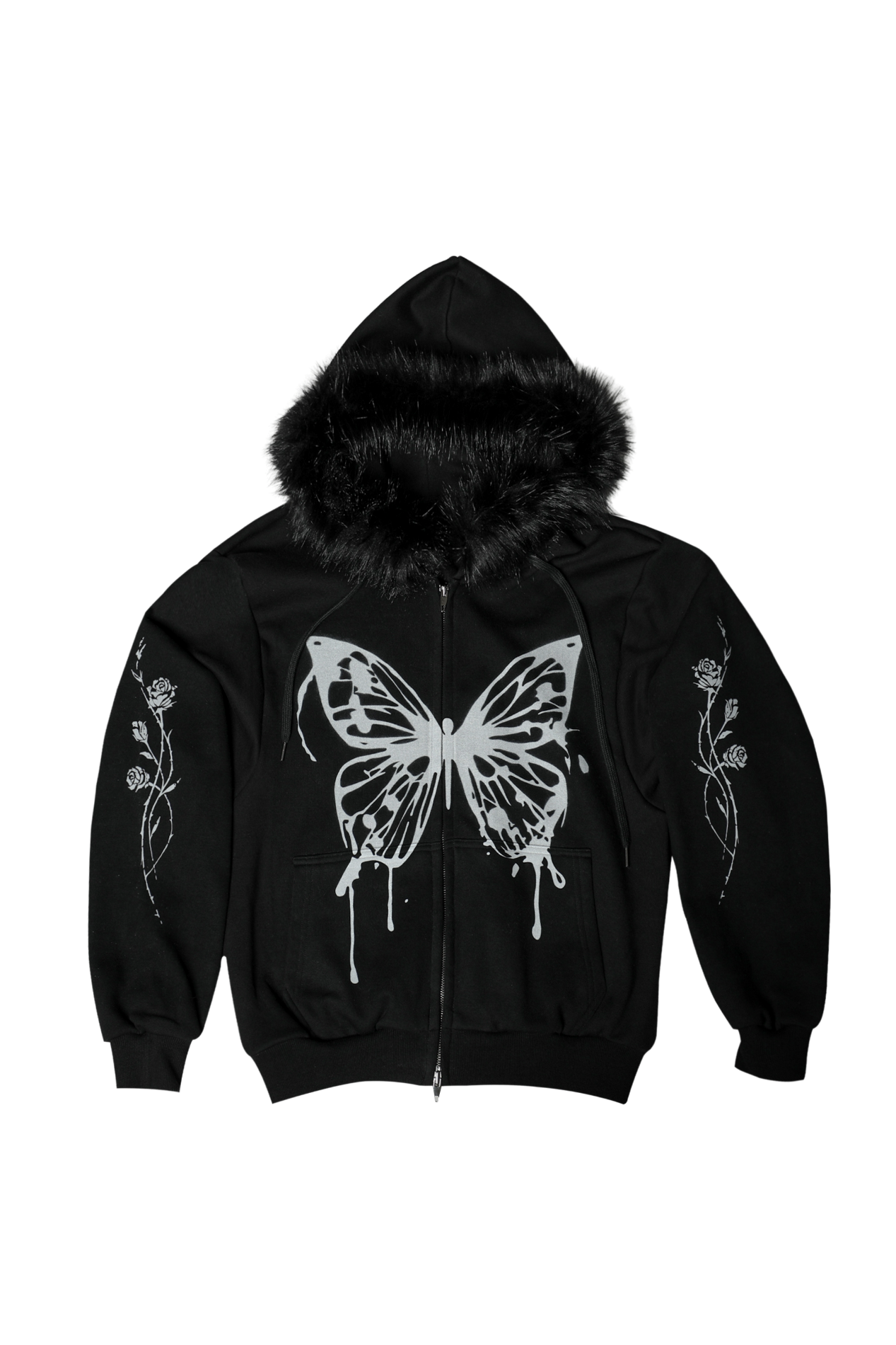 darling-you-are-bad-fw-25-butterfly-splatter-zip-up-black-fleece-fur-removable-black-s