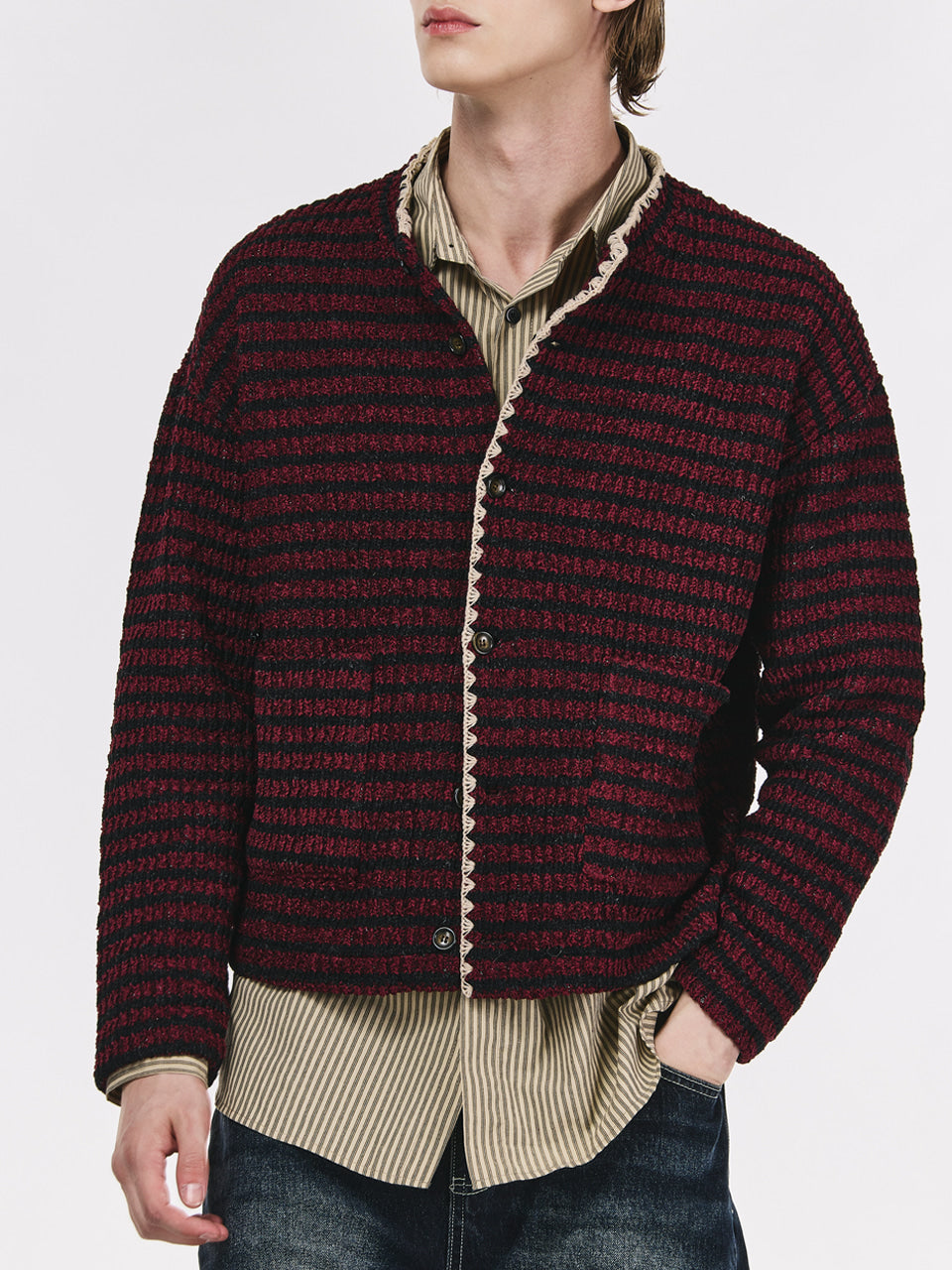 the-greatest-fw-25-stripe-cardigan-burgundy-burgundy-s