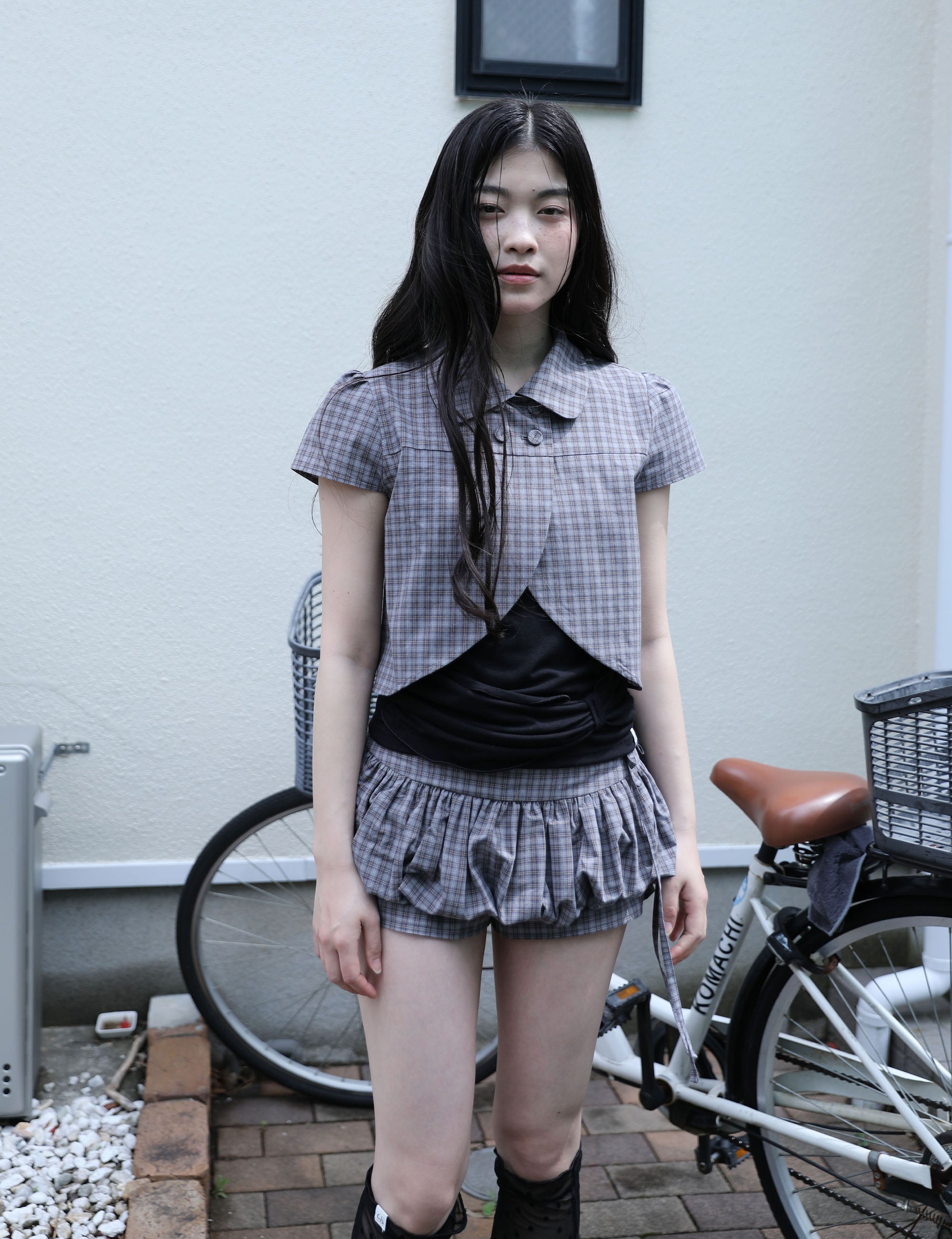 [UGLYSHADOW] CHECKERED DOUBLE BLOUSE(GREY)