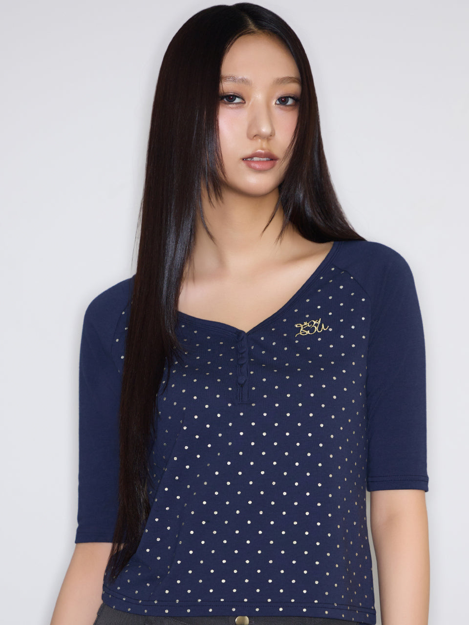 luv-is-true-ss-25-e-basic-half-dot-sleeve-tee-navy-navy-s