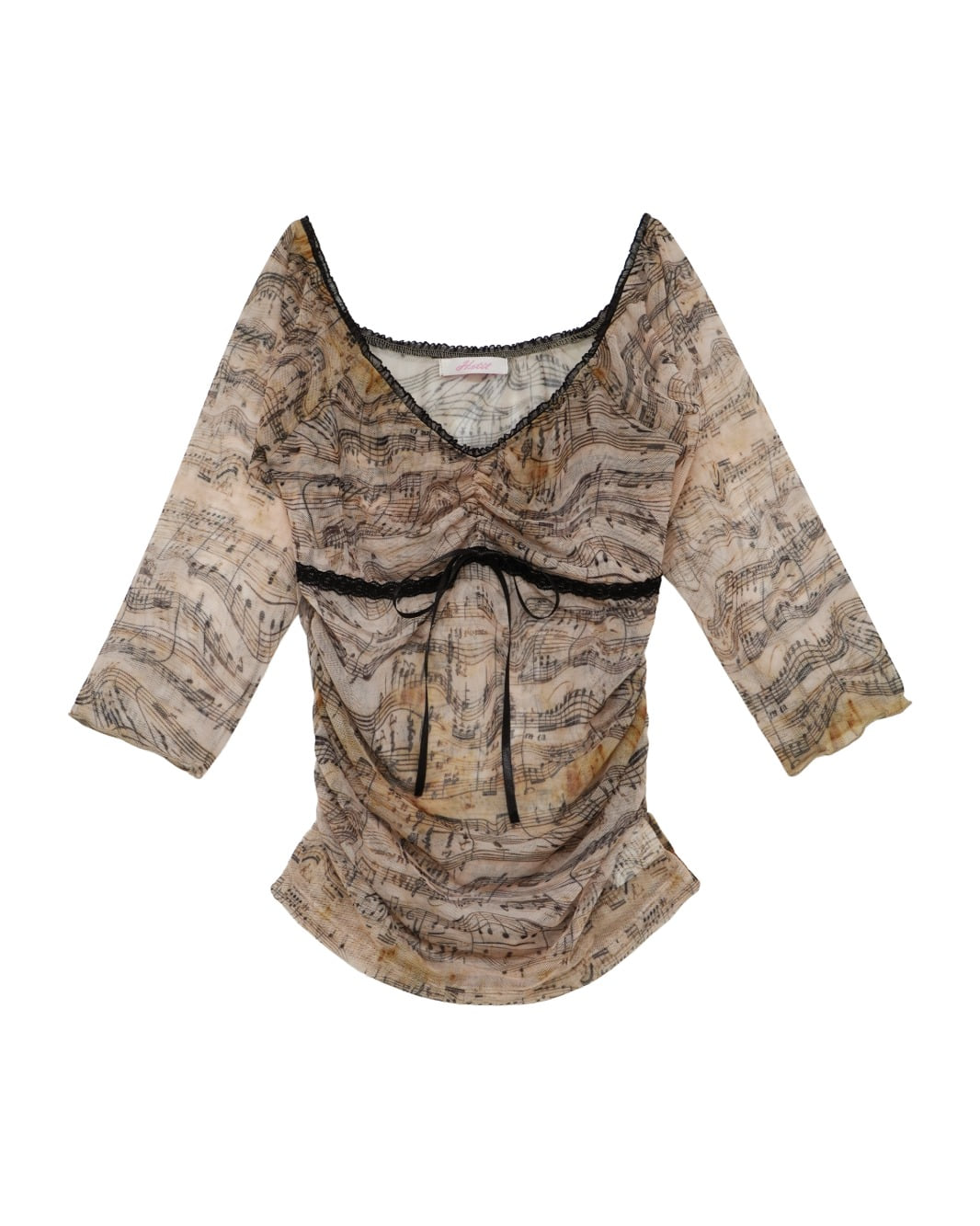 hetit-fw-26-music-print-shirring-top-brown-s