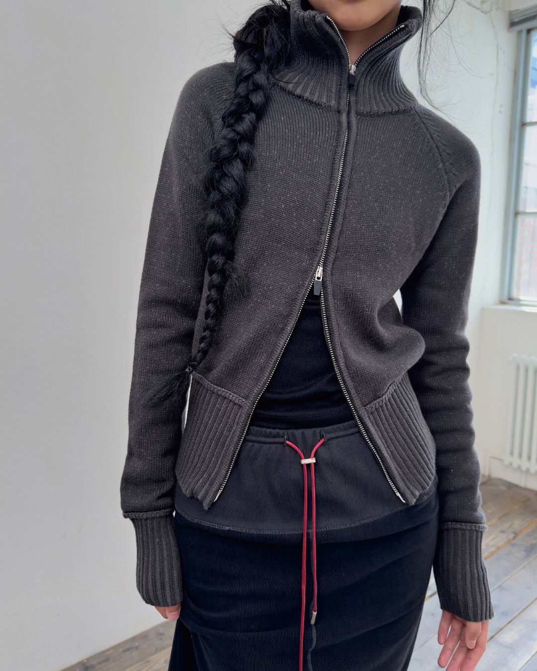 porterna-fw-25-high-neck-two-tone-knit-zip-up-charcoal-charcoal-s