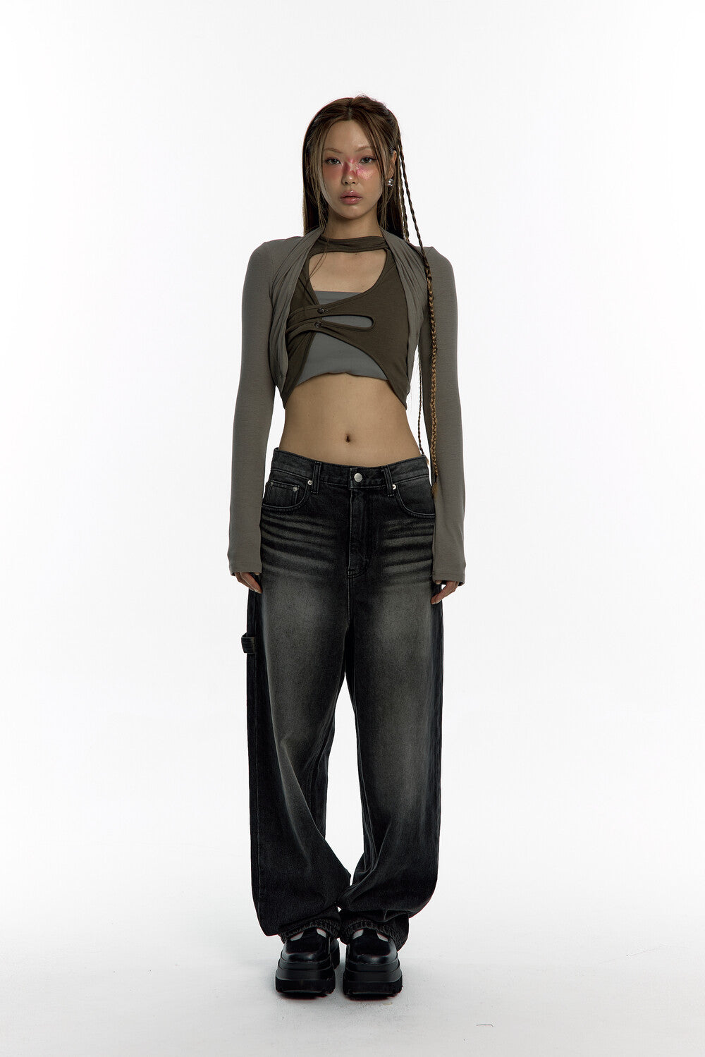 kashiko-fw-24-asymmetric-button-bolero-cardigan-khaki