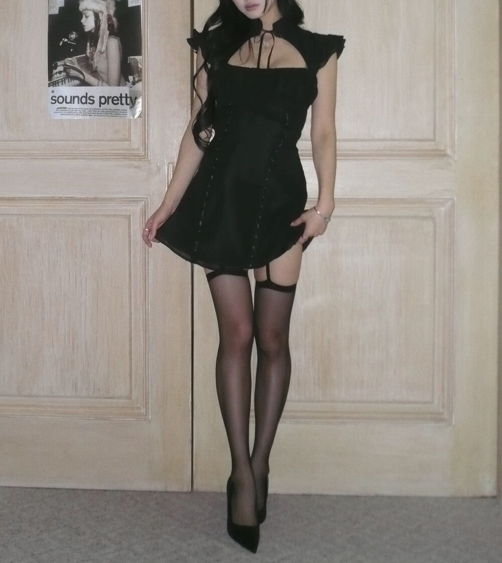 [ANGELNUMBER555] chiffon sheer dress (Black)
