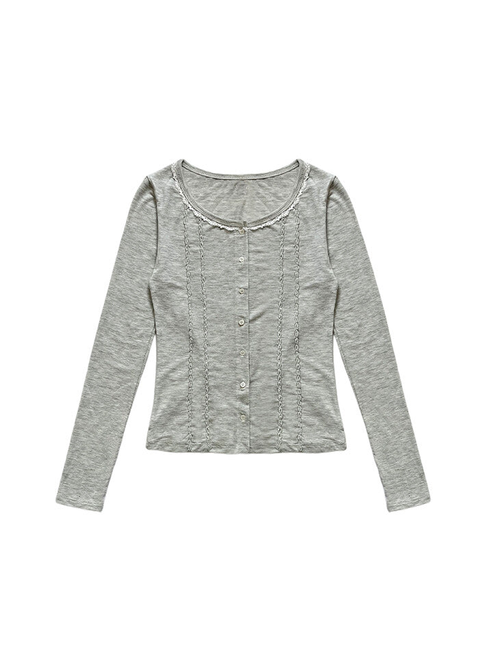 nofficialnoffice-ss-25-lace-neck-ruched-cardigan-top-melange-gray