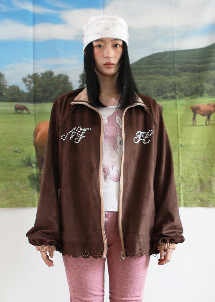 nofficialnoffice-fw-25-suede-lace-cut-pearl-logo-zip-up-choco-choco-s