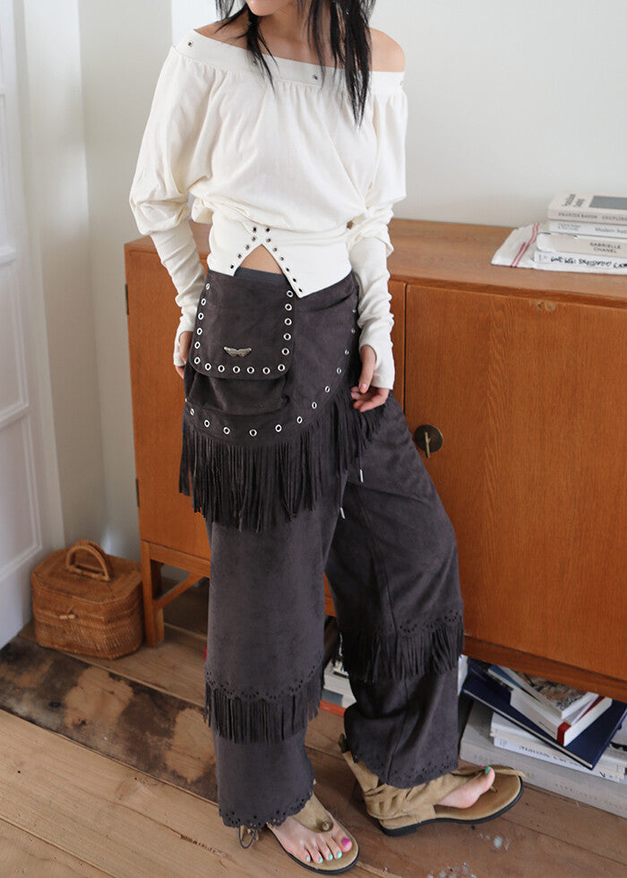 nofficialnoffice-fw-25-suede-fringe-pocket-wrap-charcoal-charcoal-s
