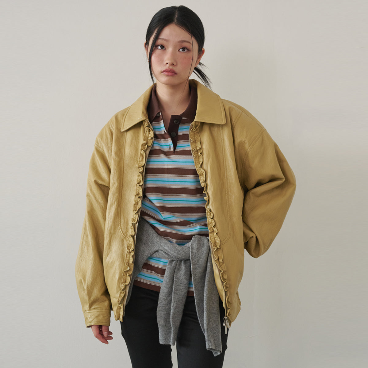 opening-sunshine-fw-26-soft-leather-frill-bomber-jacket-mustard-black-s